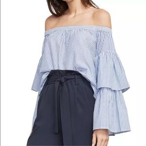BCBG MAXAZRIA Women's Callison Striped Off-Shoulder Top Chambray/White Size Sm